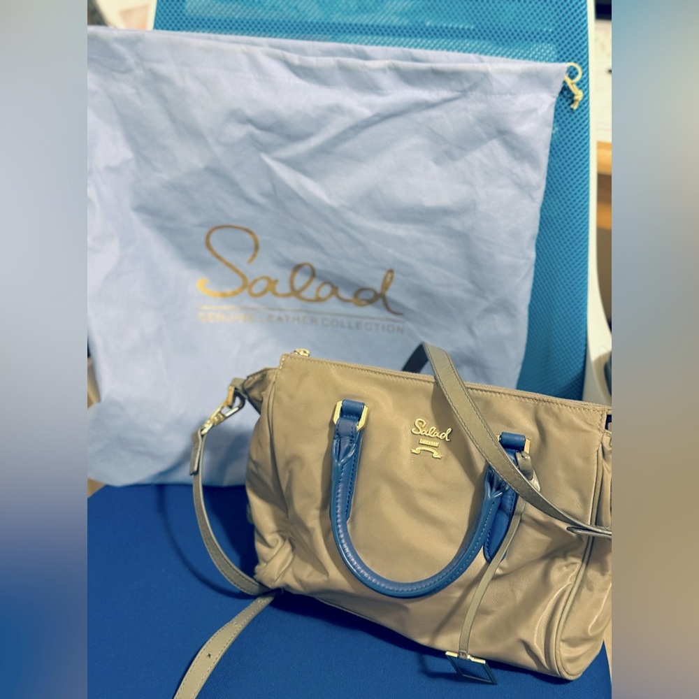 Salad Crossbody/Handbag – Golden Tan with Blue Leather Handles